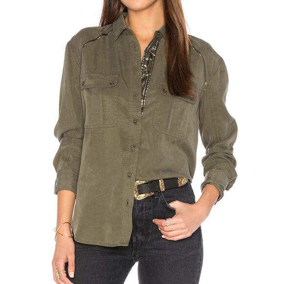Free People Off Campus Shirt Womens XS Moss Green Tencel Metallic Boho Utility - Picture 1 of 16